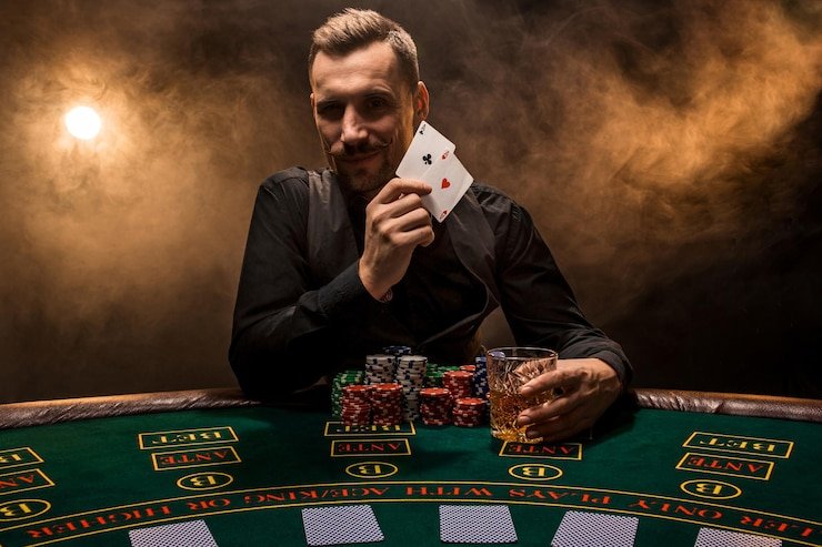 Live casino dealer at multi-camera studio